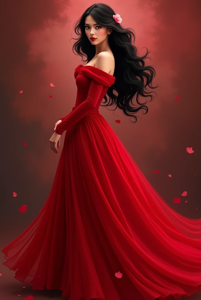 Princess in a long red dress with black hair and a striking look 