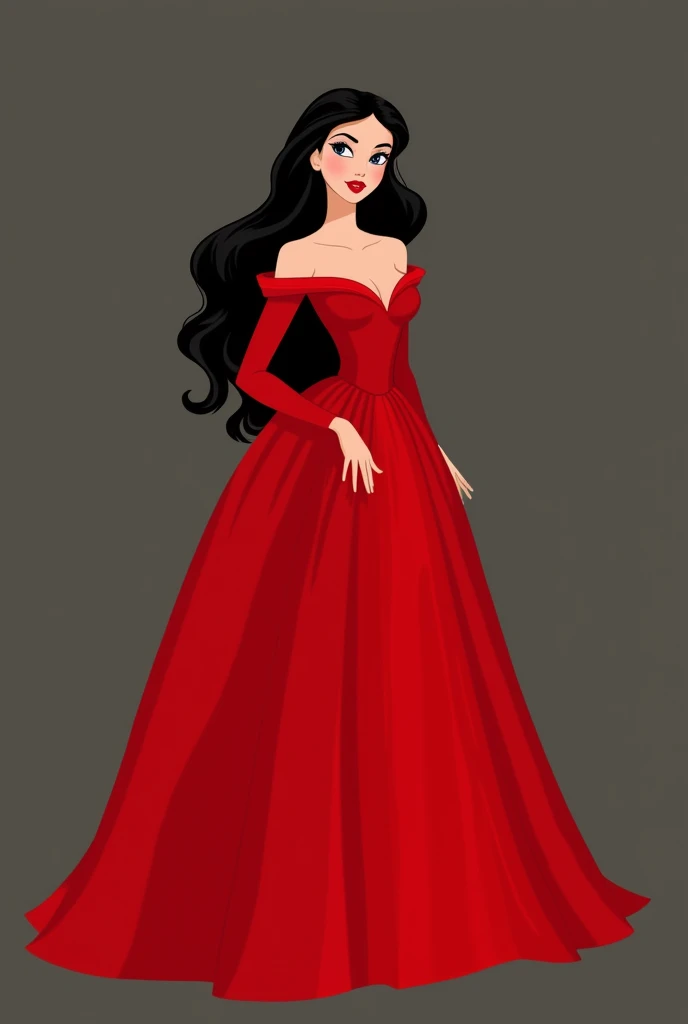 Princess in a long red dress with black hair and a striking look