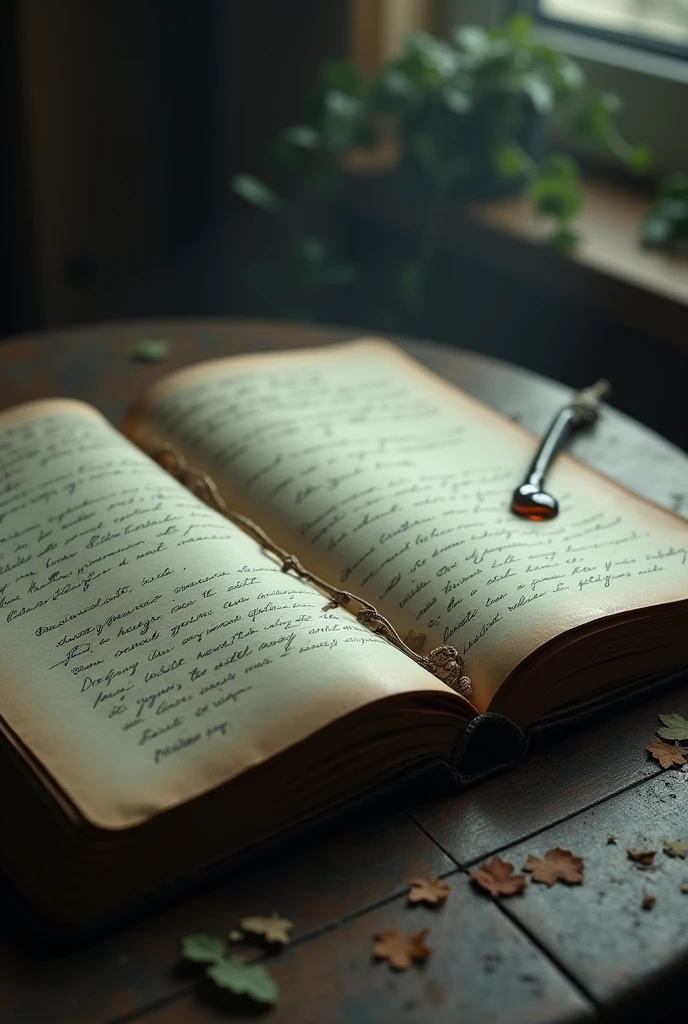 On a nearby table, an old journal lies open, pages scattered with handwritten notes and sketches—evidence of past deceptions and broken promises. A single tear glistens on the edge of the journal, symbolizing the weight of unspoken truths.
