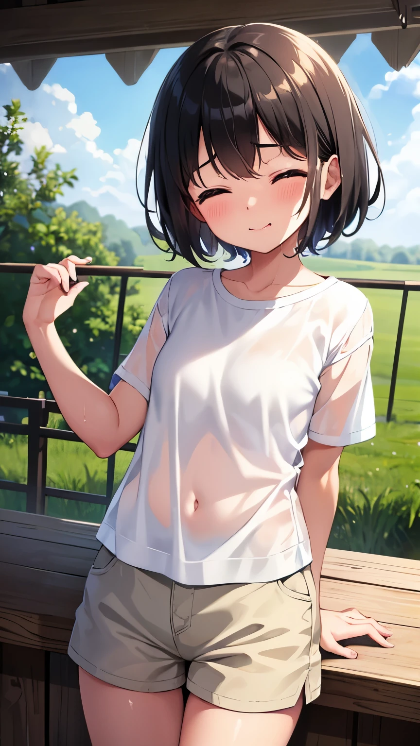 Rural Station,smile,close your eyes,Small child 1, 1,short hair,Black Hair,blush,White T-shirt,Olive green shorts,Brown Sandals,White skin,From below,shy,Wet,Please open your mouth wide,Cowboy Shot,