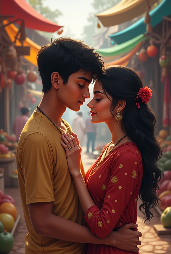 Bangladeshi boy and girl are romancing in the village market
The boy is pressing the girl's breast