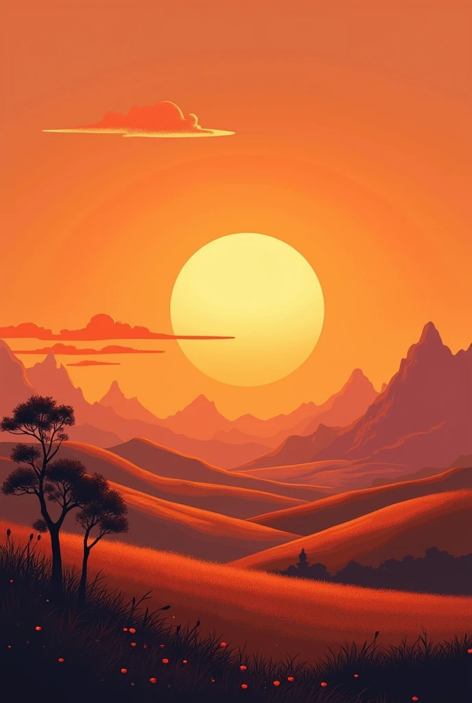 best quality、landscape painting、Plains、Sunset、orange、look back