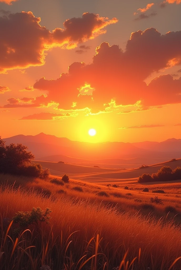 best quality、landscape painting、Plains、Sunset、orange、look back