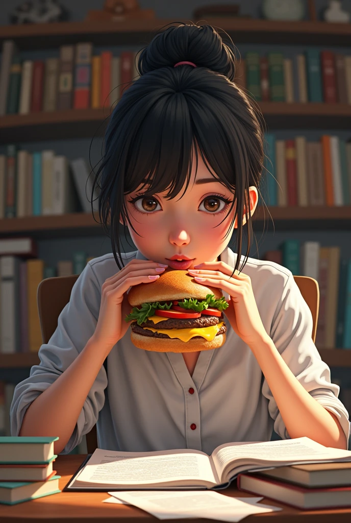 A girl with her hair up, studying and eating a hamburger