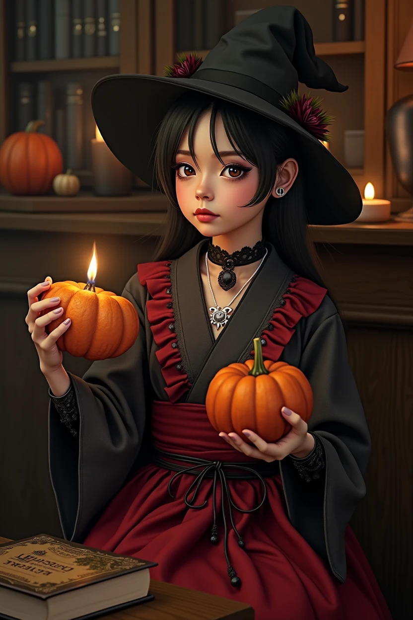 A 16 year old Japanese witch wearing a black gothic witch dress mixed with a grey kimono and a pointy witch hat, next to it there are books , candles , pumpkins and potions. 真实感.