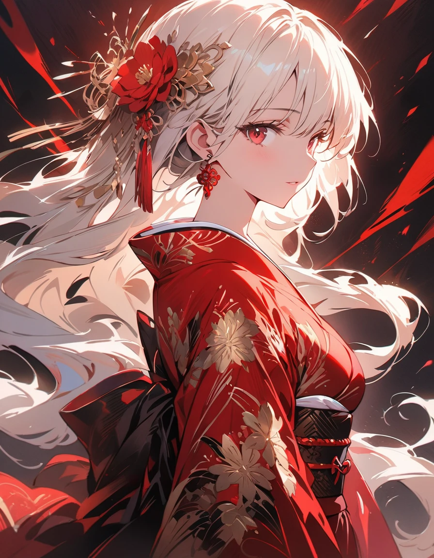 Digital Painting, Anime Style, Beautiful young woman with long flowing white hair and red flowers, She is wearing a traditional red and white kimono decorated with intricate floral patterns., She stands gracefully against a dramatic and glamorous backdrop adorned with red and white floral motifs., Vivid and contrasting colour scheme with a red base, Detailed and exquisite design, Soft and fantastic lighting, calm and calm look, High Contrast, Intricate details, Elegant and enchanting atmosphere, Very detailed, Perfect lighting, Vibrant colors, (masterpiece: 2), Highest quality, Ultra-high resolution, original, Very detailed, Perfect lighting