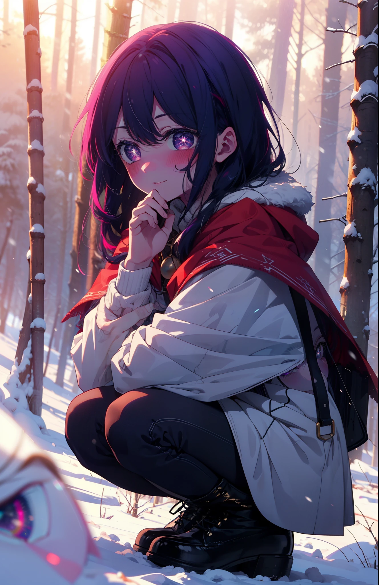 aihoshino, Ai Hoshino, Long Hair, bangs, (Purple eyes:1.1), Purple Hair, (Symbol-shaped pupil:1.5), smile,,smile,blush,white breath,
Open your mouth,snow,Ground bonfire, Outdoor, boots, snowing, From the side, wood, suitcase, Cape, Blurred, , forest, White handbag, nature, Squat, Mouth closed, Cape, winter, Written boundary depth, Black shoes, red Cape break looking at viewer, Upper Body, whole body, break Outdoor, forest, nature, break (masterpiece:1.2), Highest quality, High resolution, unity 8k wallpaper, (shape:0.8), (Beautiful and beautiful eyes:1.6), Highly detailed face, Perfect lighting, Highly detailed CG, (Perfect hands, Perfect Anatomy),