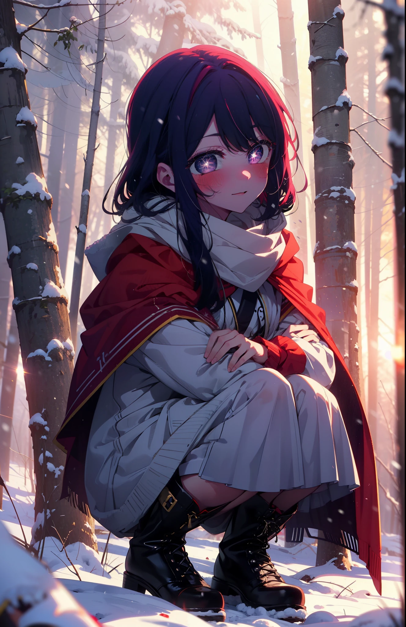 aihoshino, Ai Hoshino, Long Hair, bangs, (Purple eyes:1.1), Purple Hair, (Symbol-shaped pupil:1.5), smile,,smile,blush,white breath,
Open your mouth,snow,Ground bonfire, Outdoor, boots, snowing, From the side, wood, suitcase, Cape, Blurred, , forest, White handbag, nature,  Squat, Mouth closed, Cape, winter, Written boundary depth, Black shoes, red Cape break looking at viewer, Upper Body, whole body, break Outdoor, forest, nature, break (masterpiece:1.2), Highest quality, High resolution, unity 8k wallpaper, (shape:0.8), (Beautiful and beautiful eyes:1.6), Highly detailed face, Perfect lighting, Highly detailed CG, (Perfect hands, Perfect Anatomy),