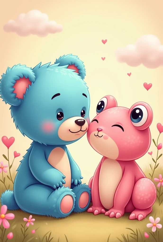 create a cartoon of a couple in love, composed of a blue teddy bear and a pink frog
