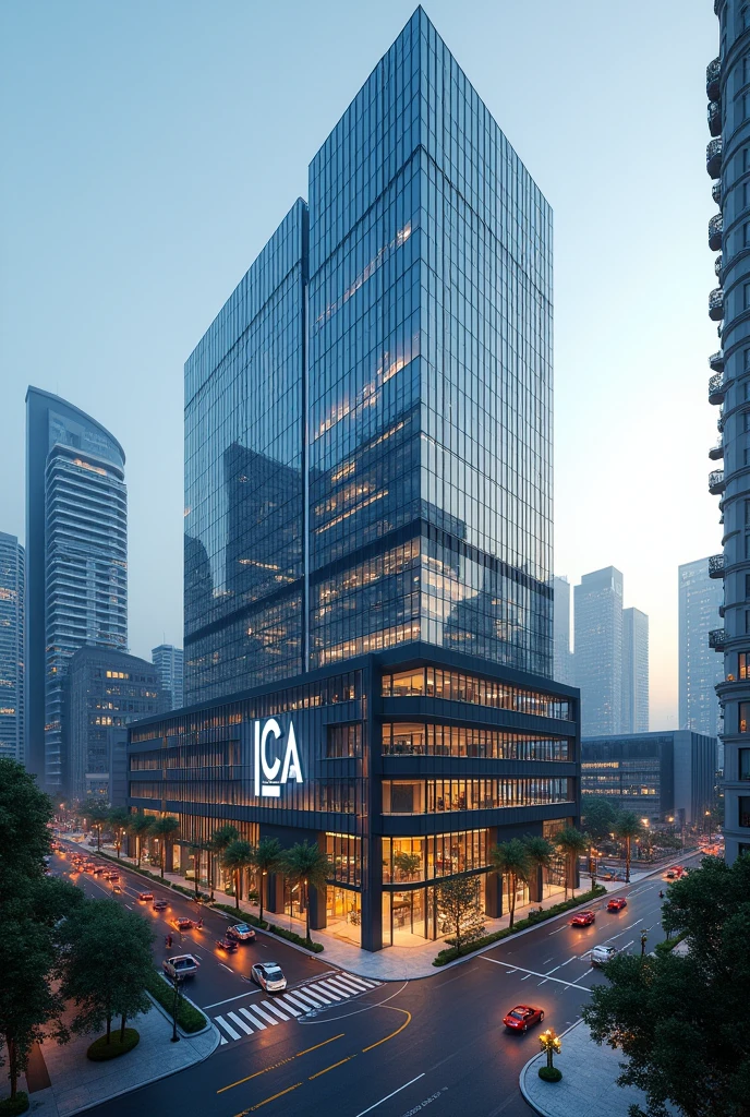 A big modern building in a city with logo PNG ICA