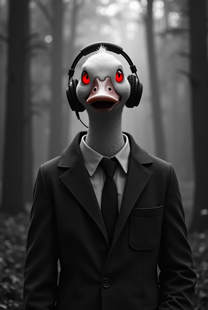 duck in business suit and wireless headphone, black and white horror forest background rich in detail, with lots of details in the background, red glowing eyes, Horror Theme, dark, Terror
