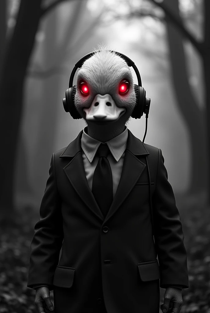 duck in business suit and wireless headphone, black and white horror forest background rich in detail, with lots of details in the background, red glowing eyes, Horror Theme, dark, Terror