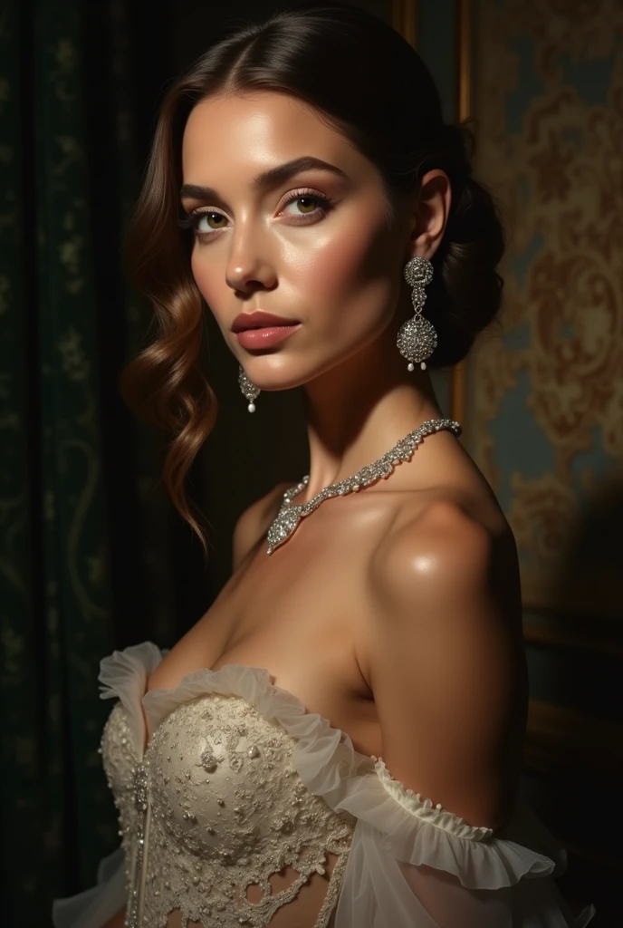a beautiful female portrait, elegant woman, high quality, detailed face, detailed eyes, detailed lips, realistic, photorealistic, hyper detailed, 8k, cinematic lighting, dramatic chiaroscuro lighting, dramatic lighting, dramatic pose, elegant dress, luxury, high fashion, expensive jewelry, glowing skin, intricate details, award winning, artstation, digital painting