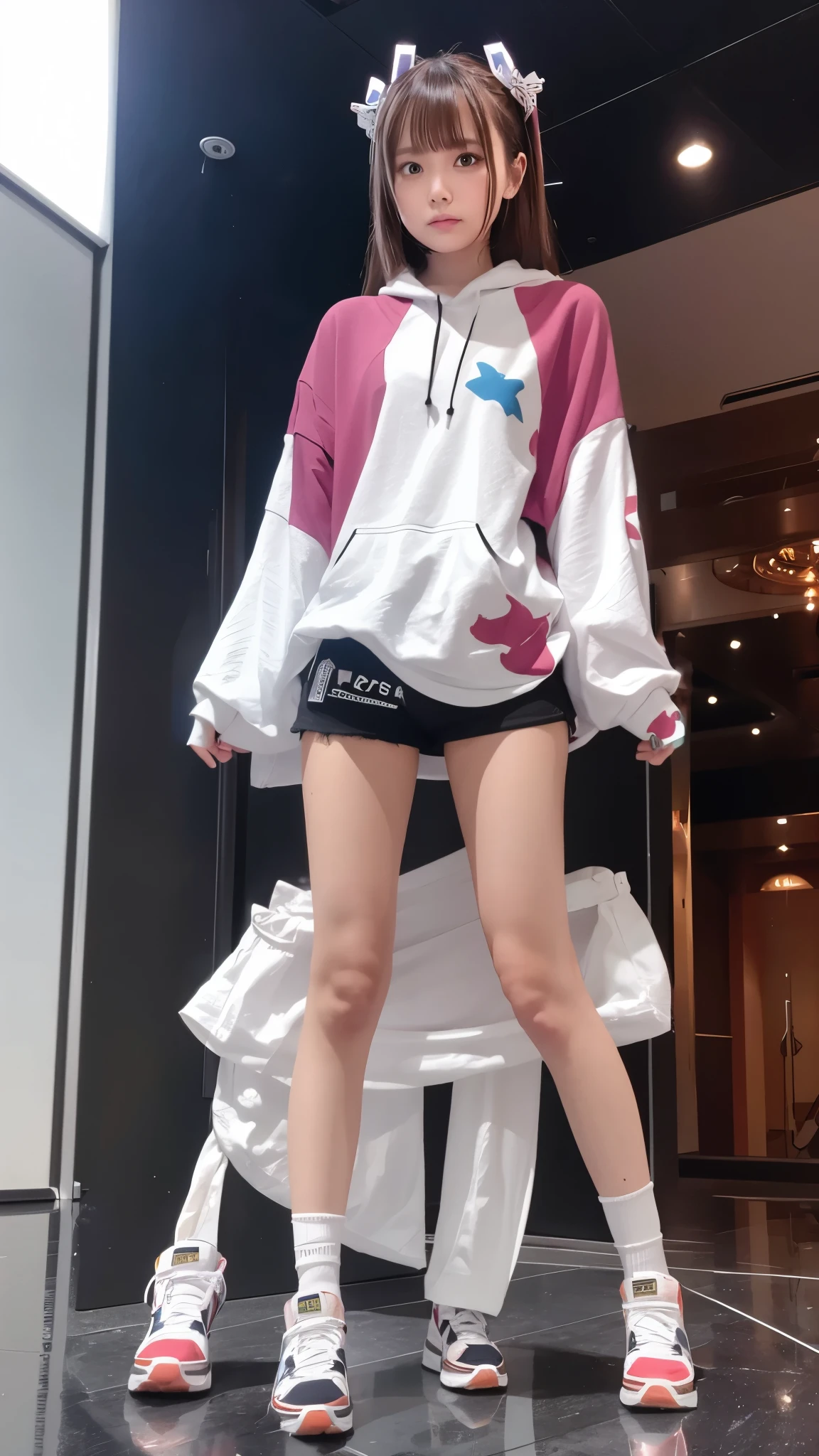 A close up of a woman in a short skirt and a hoodie - SeaArt AI