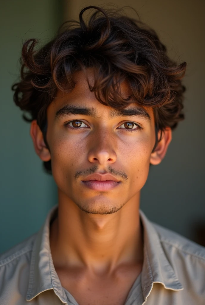 A photo of a Peruvian 18-year-old semi-curly brown-skinned boy