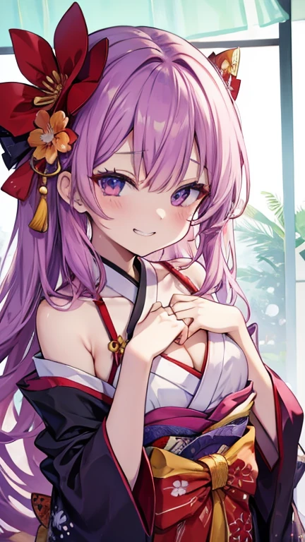 Wicked Smile、((Grin))　Hearts in the eyes　Sweating profusely　Embarrassed　Lolita　　Sticking out tongue　Oiran　kimono　Chest　Shoulder Bare　Purple Hair　Straight Hair　Small breasts