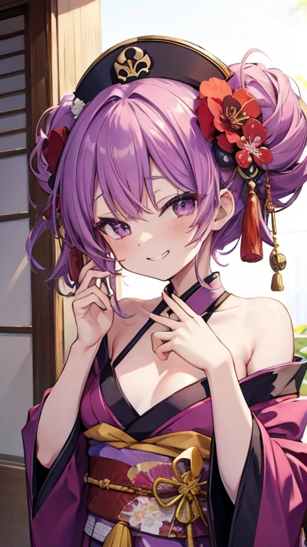 Wicked Smile、((Grin))　Hearts in the eyes　Sweating profusely　Embarrassed　Lolita　　Sticking out tongue　Oiran　kimono　Chest　Shoulder Bare　Purple Hair　Straight Hair　Small breasts