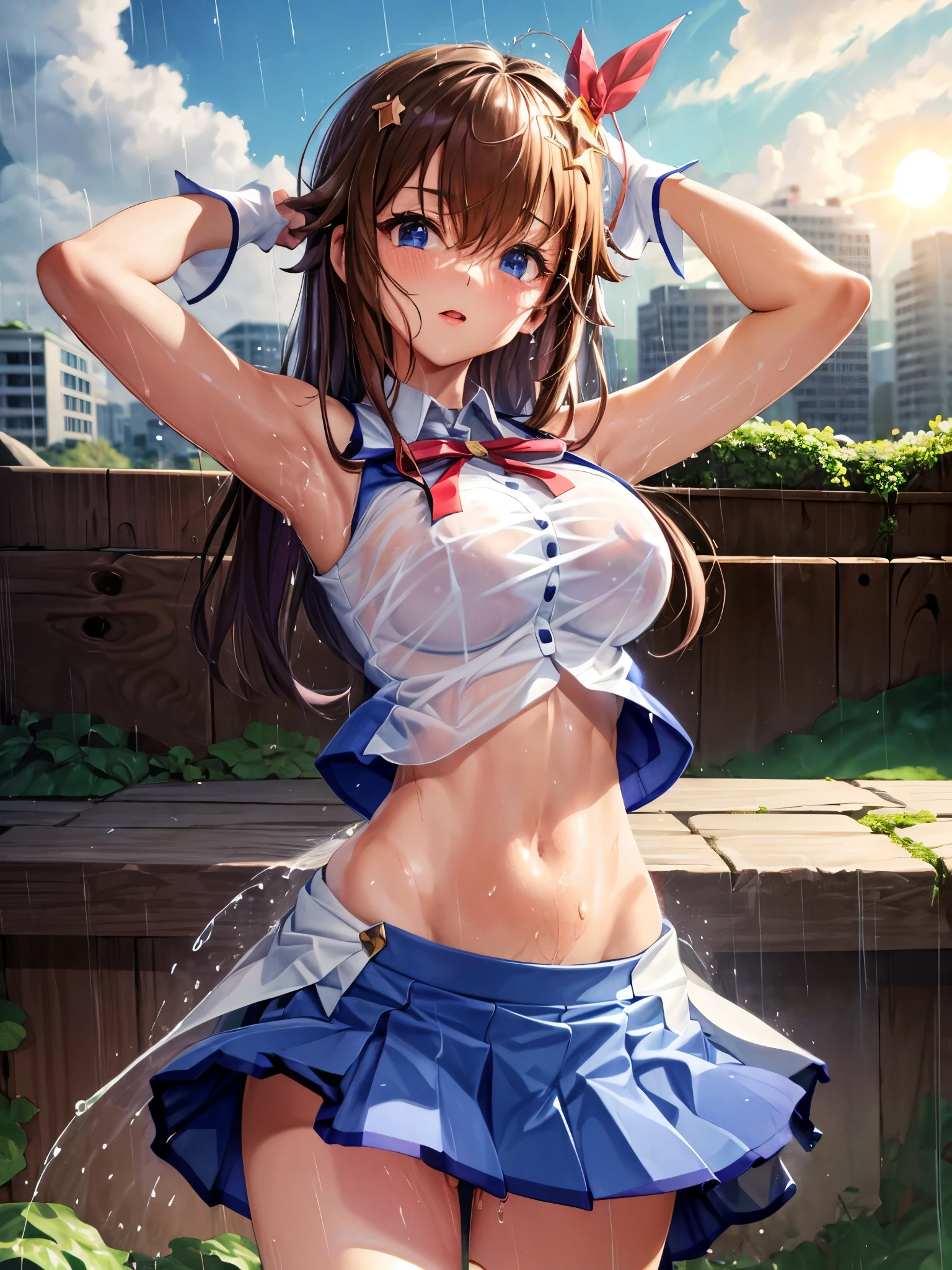 (highest quality)), ((masterpiece)), (family friendly), Perfect Face,Shiny skin,Beautiful breasts,Shiny skin、Kyoto Animation style painting、Sunburned skin、
、Belly button、cyber punk、Prone、{school uniform,Short sleeve shirt,BREAK,(Checked skirt:1.2),、(((See-through)))、(((sweat)))、(((Wet)))、(((Close Contact)))、(((rain、garden)))、(((close)))、(((breast grab))),Off the shoulder、(((sun)))