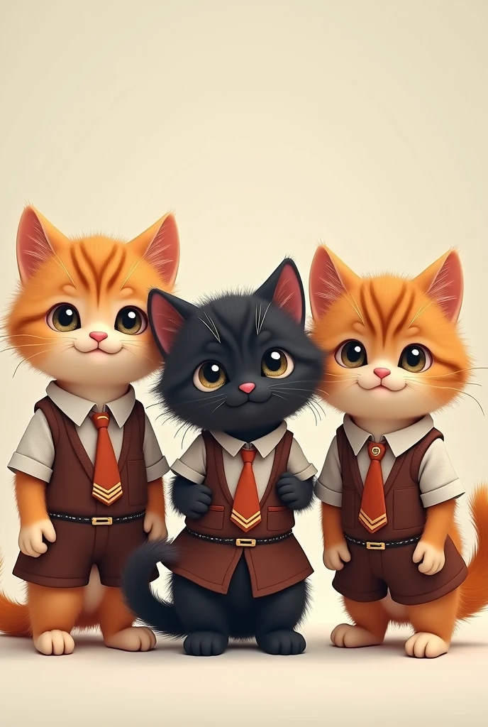 three kittens, one orange with a uniform, another black with a uniform, another brown cat with please with a uniform, the three happy 