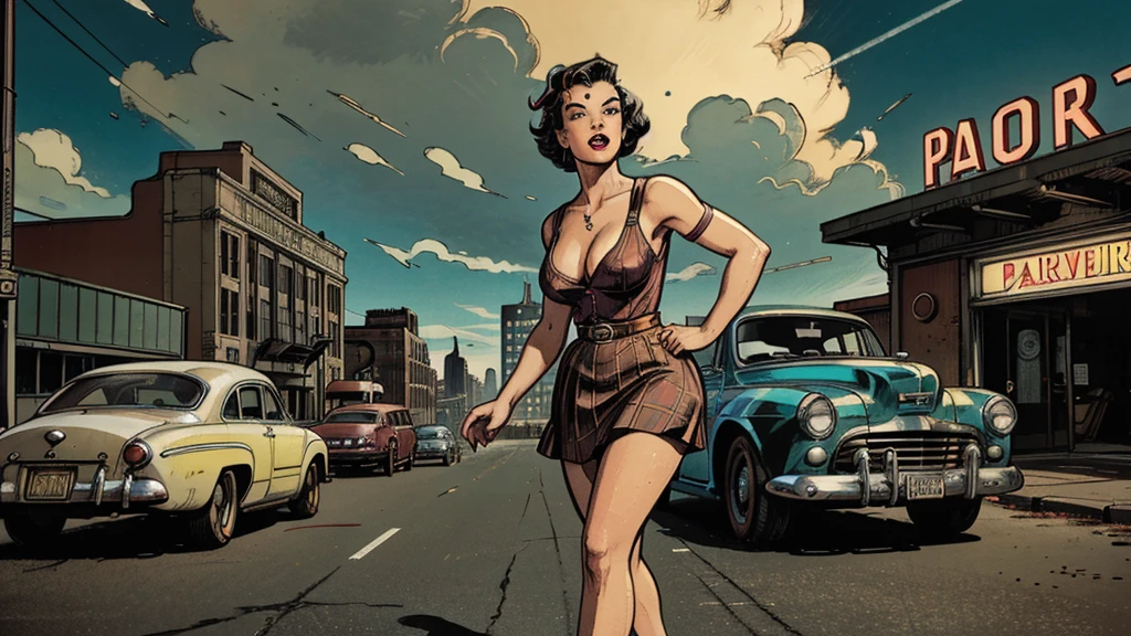 a 1950s female super-hero in an action pose, large breasts, short skirt, narrow waist, 1950s comic style, popping colors, contrast, detailed realistic cinematic scene, cinematic lighting, dramatic sky with clouds, abandoned vintage car, old-fashioned buildings, neon signs, 1950s era atmosphere, vibrant colors, hyper-realistic, 8k, ultra-detailed