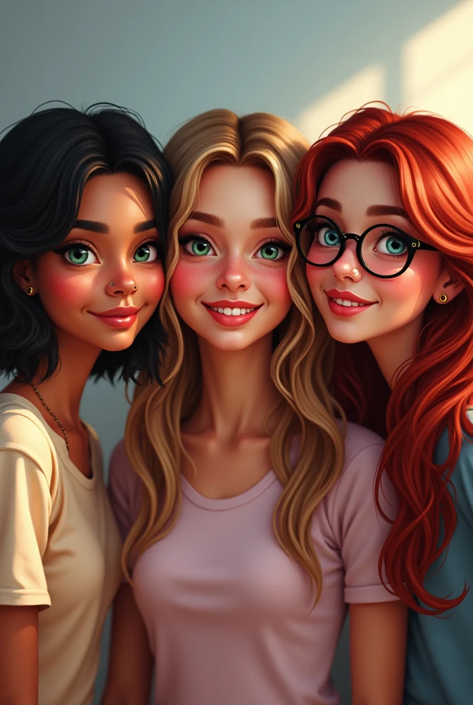 Three friends, one with short black hair, green eyes and a nose piercing, another in the middle with long, wavy light brown hair, hazel eyes and dimples when she smiles and the other ruby with blue eyes with wavy hair and lots of volume and glasses