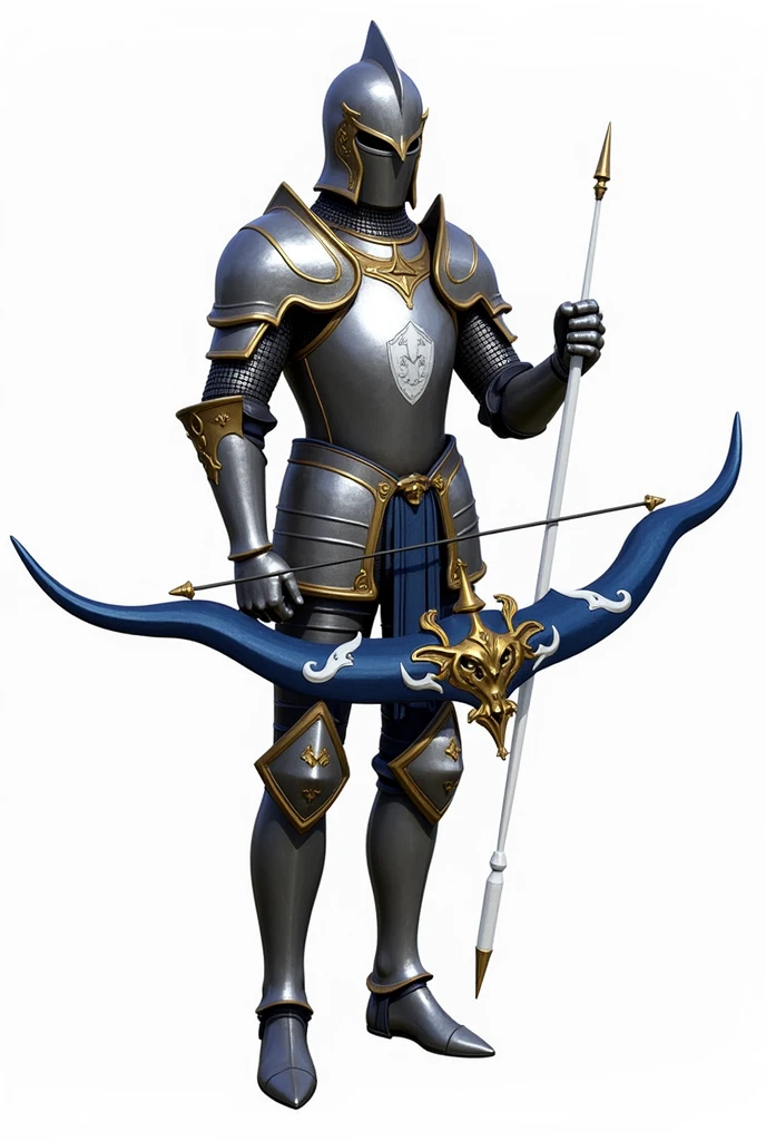 A complete armor with helmet, breastplate, metal leggings, medieval style, with golden ornaments, with an emblem in the center of the chest in the shape of a white wolf, With a slender body, holding a big blue bow with white, on a transparent background