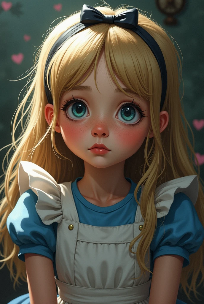 Draw a full-body portrait of Alice in Alice in Wonderland to capture a moment of deep contemplation. Her expression should be a mixture of curiosity and a hint of unease, as if she is deeply questioning reality and her place in it. Her large eyes should be wide open, reflecting the surreal world around her. A smiling Cheshire cat, a clock, inside the kingdom of Wonderland, etc. The lighting is soft yet dramatic, casting gentle shadows that emphasise the depth of her thoughts. Her hair could be slightly dishevelled, as if she has been on a long journey, and the iconic headband could be slightly slanted to add to the sense that she is pensive. The colour palette is a mix of soft pastels and dark, introspective tones to create a balance between innocence and the complexity of her thoughts.