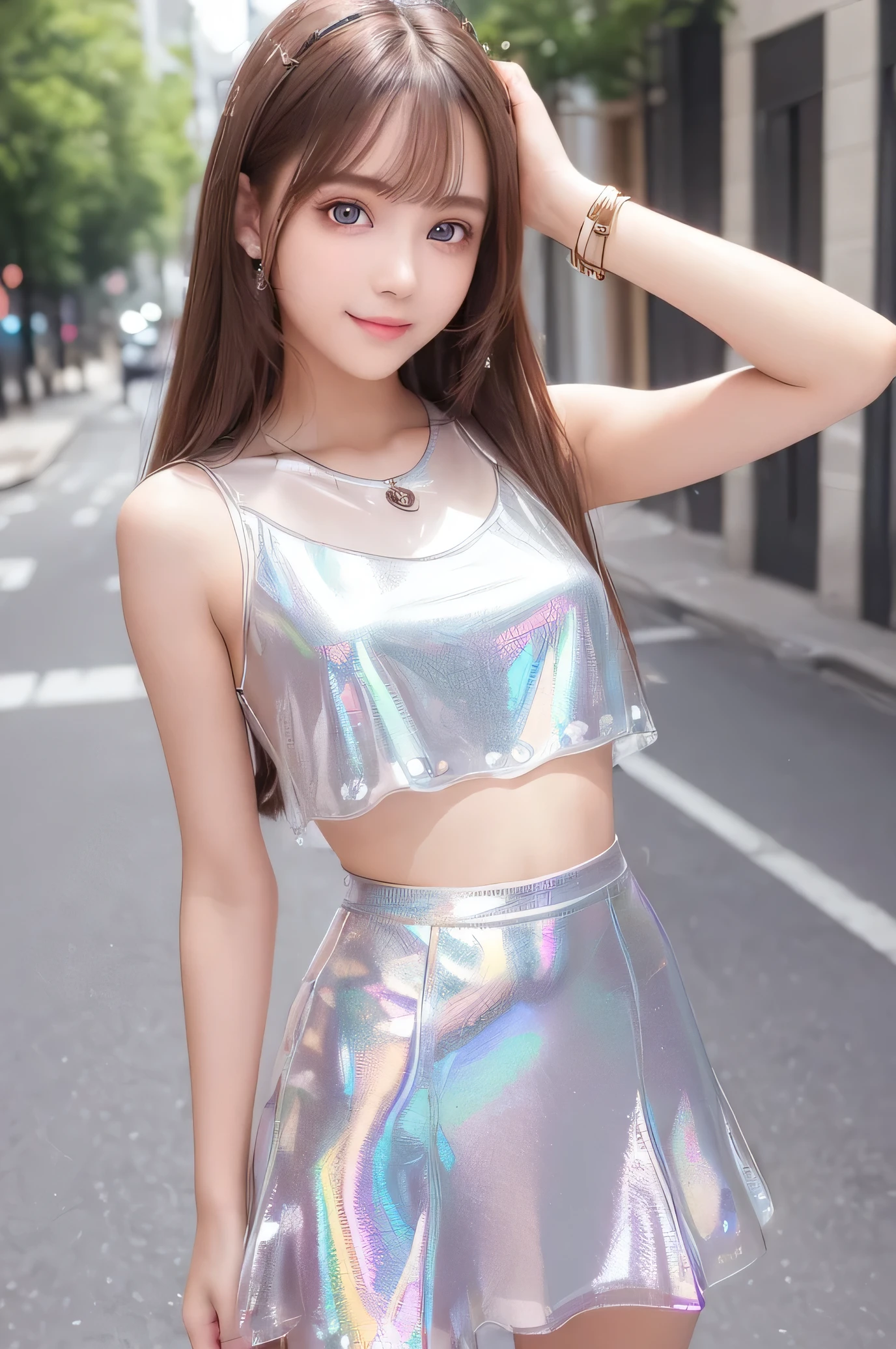 (super nice cute face:1.2),(Very beautiful cute girl),,(beautiful clear Eyes with a radiance:1.2), Beautiful detailed eyes, Detailed double eyelids, (smiling), (realistic photograph:1.1), long straight brown hair, (Super Shiny metallic red flare mini Skirt:1.1), (Super shiny white transparent holographic fashionable summer tops:1.1),in the street ,panty