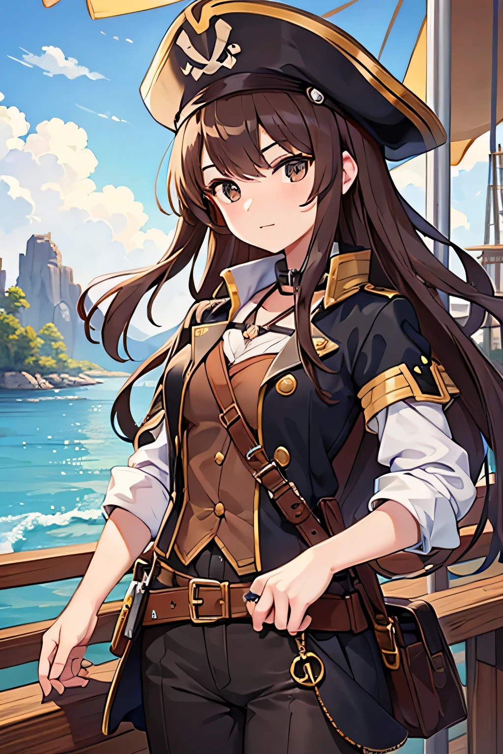 A 25-year-old pirate captain girl, is high, He is on a pirate ship looking at the viewer, long brown hair, black eyes, Brown, gun in one hand.