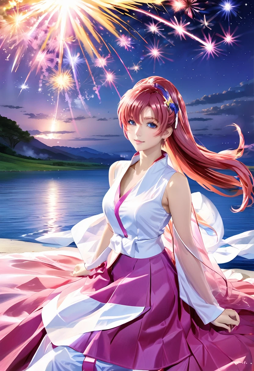 64k，超High resolution，超Highest quality，masterpiece，Hyperrealistic，16 years old〜20-year-old female，Full body photo，Full body angle，Whole Body Ezbian，Surreal，Very detailed:1.3，Ultra-realistic:3.0，masterpiece,Detailed eyes,Detailed skin,Detailed face,Shiny skin,Detailed Hair,White skin,Perfect lighting,Glossy Lips,wallpaper,京都animeーション, animeカラーリング  ，Produced by Sunrise，BANDAI NAMCO，Klein Lake,Gundam SEED，In 2011〜2024 Era \(style\),masterpiece, Highest quality, High resolution, anime, Lacus 1, One girl, alone, Pink Hair, Straight hair, hair ornaments, White sleeves, blue eyes, White Dress, Purple Skirt, Long skirt,Dress，Swimsuit，Yukata， Very long hair, Bare shoulders, Large Breasts, smile, Gundam SEED, In the water lake,retro artstyle,Under the stars，The fireworks are blooming，