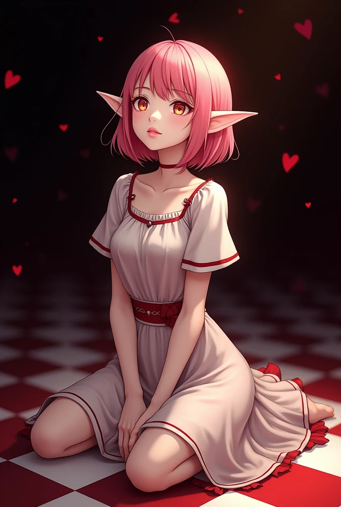 (1 girl), (of the highest quality,4k,8k,masterpiece:1.2),2.5D, girl , elf, hair rose, withe dress, background black and red, Chessboard , White skin, by the whites, short hair, pointy ears, look at the sky, sitting