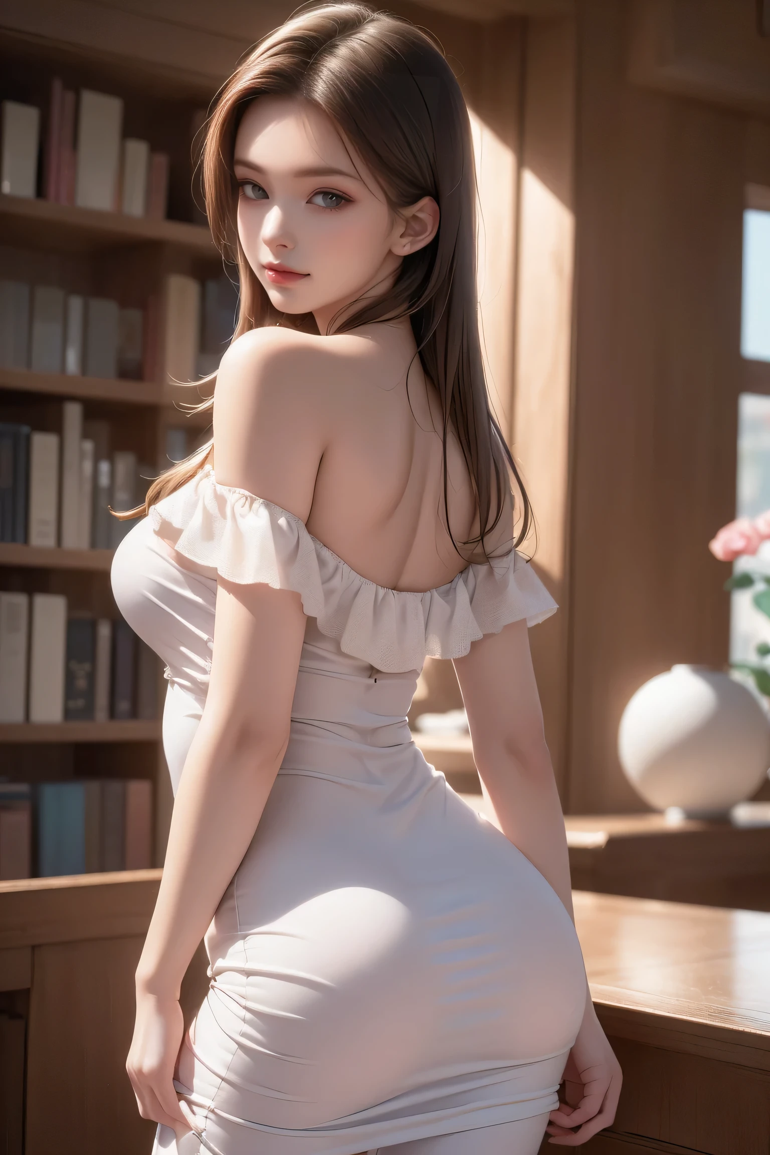 ((Girl standing in front of bookshelf in library))、(Rear view)、(look back)、Highest quality work,Actual work,Ultra Premium Graphics,8K HD CG Works,High quality graphics,High-definition CG works,10x pixels,Extremely fine detail:1.1,Advanced Technical Details:1.1 Photorealistic,Indoor lighting effects:1.5,Natural light:1.5. Light effects(virtual Light effects:1.8),((Golden white short hair))、(Bob Hair), Thin eyebrows,High nose, Nice red lips, Rose Cheeks, A face with subtle makeup , Cute face, perfectly balanced face,(),A light-toned foundation enhances the clarity of your skin.、,((Off-the-shoulder pure white dress)). 40k, photograph, Tabletop, highest quality, Rainy background, ((1 Beautiful eyes light haired girl, White skin, Various poses.((Medium sized breasts,:1.1)), highest quality, Tabletop, Ultra-high resolution, (Realistic:1.4), RAWphotograph, (Perfect figure), (slim:1.3), Slim abdomen, Perfect slim figure, Dynamic Pose, alone, Cold light 12000K, Very detailed facial and skin texture, Fine grain, Realistic eyes, Beautiful fine grain, (Realistic Skin), Charm, 超A high resolution, surreal, Very detailed、
