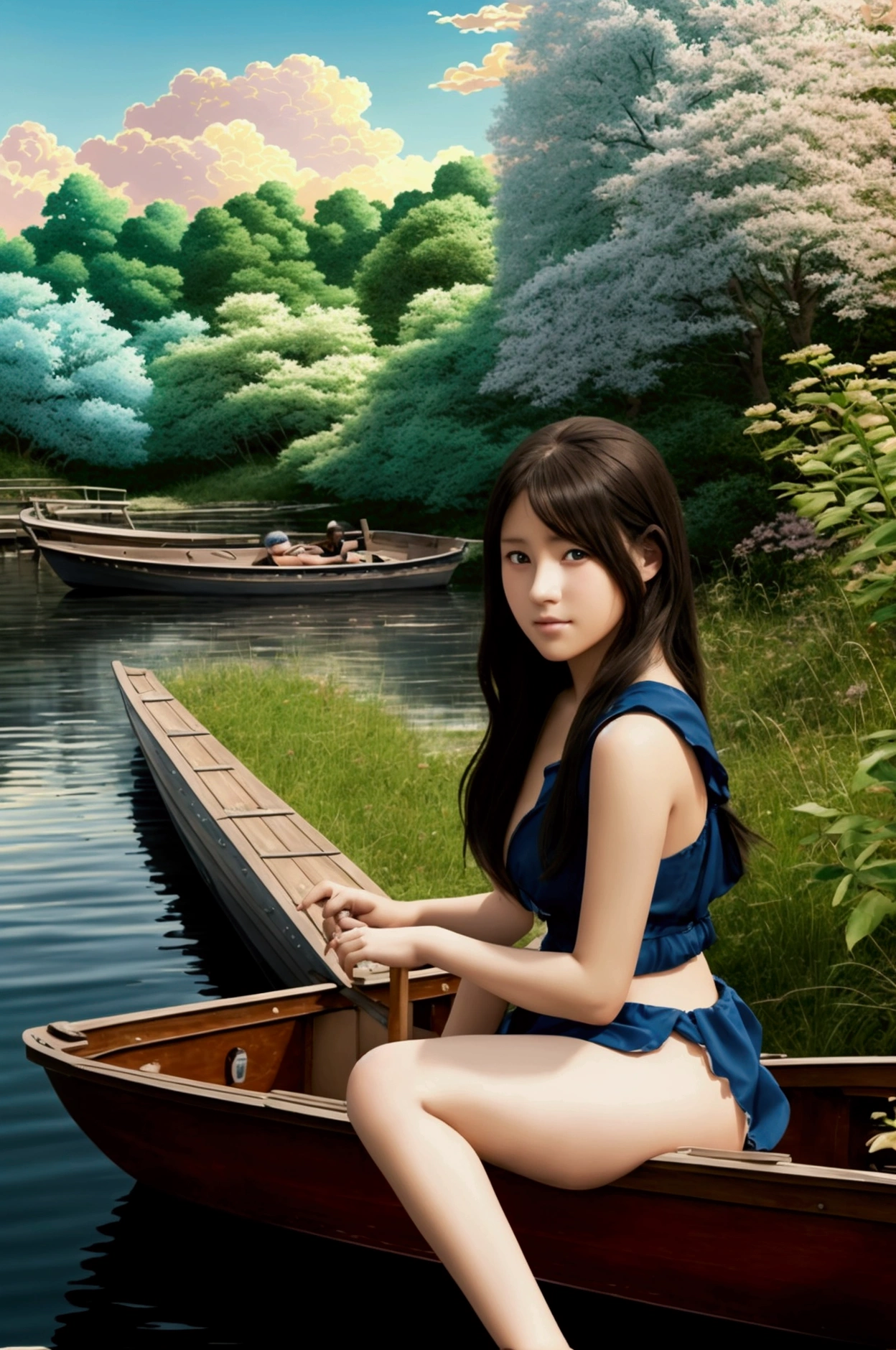 a girl sitting in a boat on a lake, anime beautiful peace scene, anime scenery, anime countryside landscape, beautiful anime scenery, anime nature wallpap, beautifull puffy clouds. anime, dream scenery art, anime landscape, anime scenery concept art, anime nature, makoto shinkai and (cain kuga), beautiful anime art, 4k hd, beautiful art uhd 4 k, a beautiful artwork illustration, beautiful digital painting, highly detailed digital painting, beautiful digital artwork, detailed painting 4 k, very detailed digital painting, rich picturesque colors, gorgeous digital painting