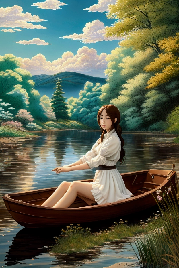 a girl sitting in a boat on a lake, anime beautiful peace scene, anime scenery, anime countryside landscape, beautiful anime scenery, anime nature wallpap, beautifull puffy clouds. anime, dream scenery art, anime landscape, anime scenery concept art, anime nature, makoto shinkai and (cain kuga), beautiful anime art, 4k hd, beautiful art uhd 4 k, a beautiful artwork illustration, beautiful digital painting, highly detailed digital painting, beautiful digital artwork, detailed painting 4 k, very detailed digital painting, rich picturesque colors, gorgeous digital painting