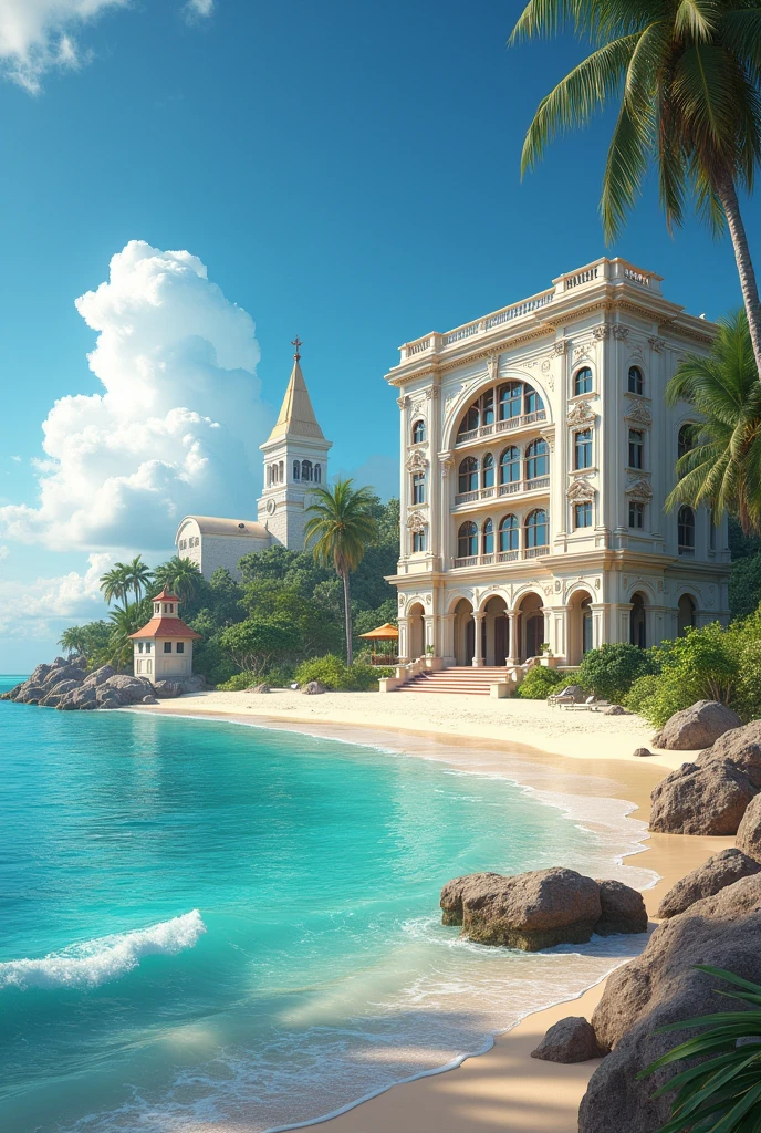 Hotel building on a paradisiacal beach without trees
,a church and a space observatory