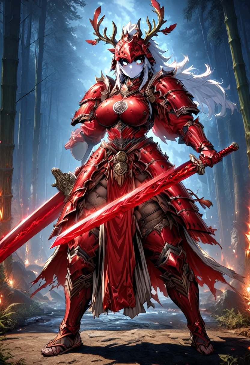  Highest quality, High resolution,Very detailed,  Focus on the female warrior,Muscular,A well-trained body,Voluptuous body,Sengoku period,Quite Japanese style,Ancient Japan,Female Warrior,Bamboo forest at night,Big Eyes,Maid,Red shoulder pad,Red shin guards,red waist armor,Red Preparation,Iai stance,Blue Skin,Long, unkempt white hair,whole body,Abdominal muscles,Red loincloth,Helmet with deer antlers,A terrifying aura,He has a Japan sword at his waist.,looks strong