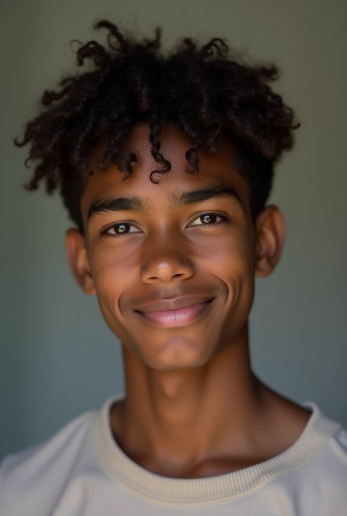 A photo of a semi-curly, dark-skinned 18-year-old boy