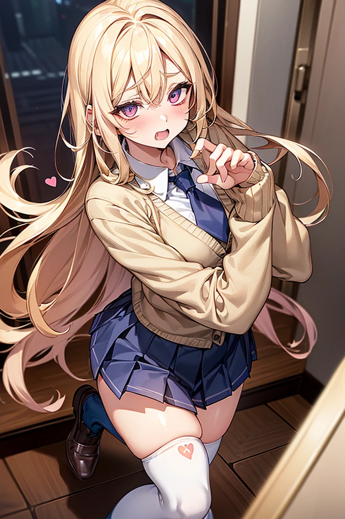 Browsing Caution,​(Highest quality, 8k, masterpiece:1.3,beautiful girl), (Very detailed)Glowing Skin,(((Long Hair,blonde,Beautiful Hair))),(Perfect Anatomy, Anatomically correct, Very detailed肌),((Golden Eyes)),((Perfect Fingers,Five Fingers)),((Light blue collared shirt, Navy pleated mini skirt, socks, Navy tie, Light brown cardigan, White knee socks)), Pink Panties, School,library, Knee-high socks, Dynamic Angle,(((Vulgarity))),Embarrassed expression,Knee-high socks on both feet,Double teeth,Drooling,(((Heart symbol on eye))),I&#39;m Climax,Body-trembling ecstasy,Infatuated,Big Breasts,Big Ass,Peace sign with both hands,Thin pubic hair,Plump body,Big hearts in the pupils,