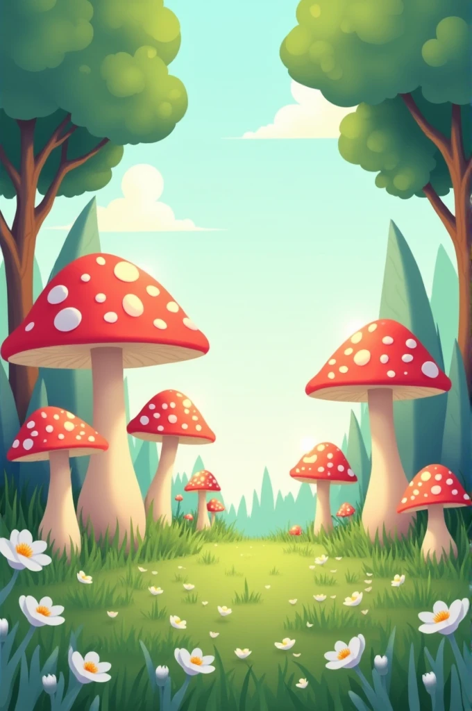 Pastel light green grass drawing with big trees, Giant red pastel mushrooms and white flowers with a paper cut animation