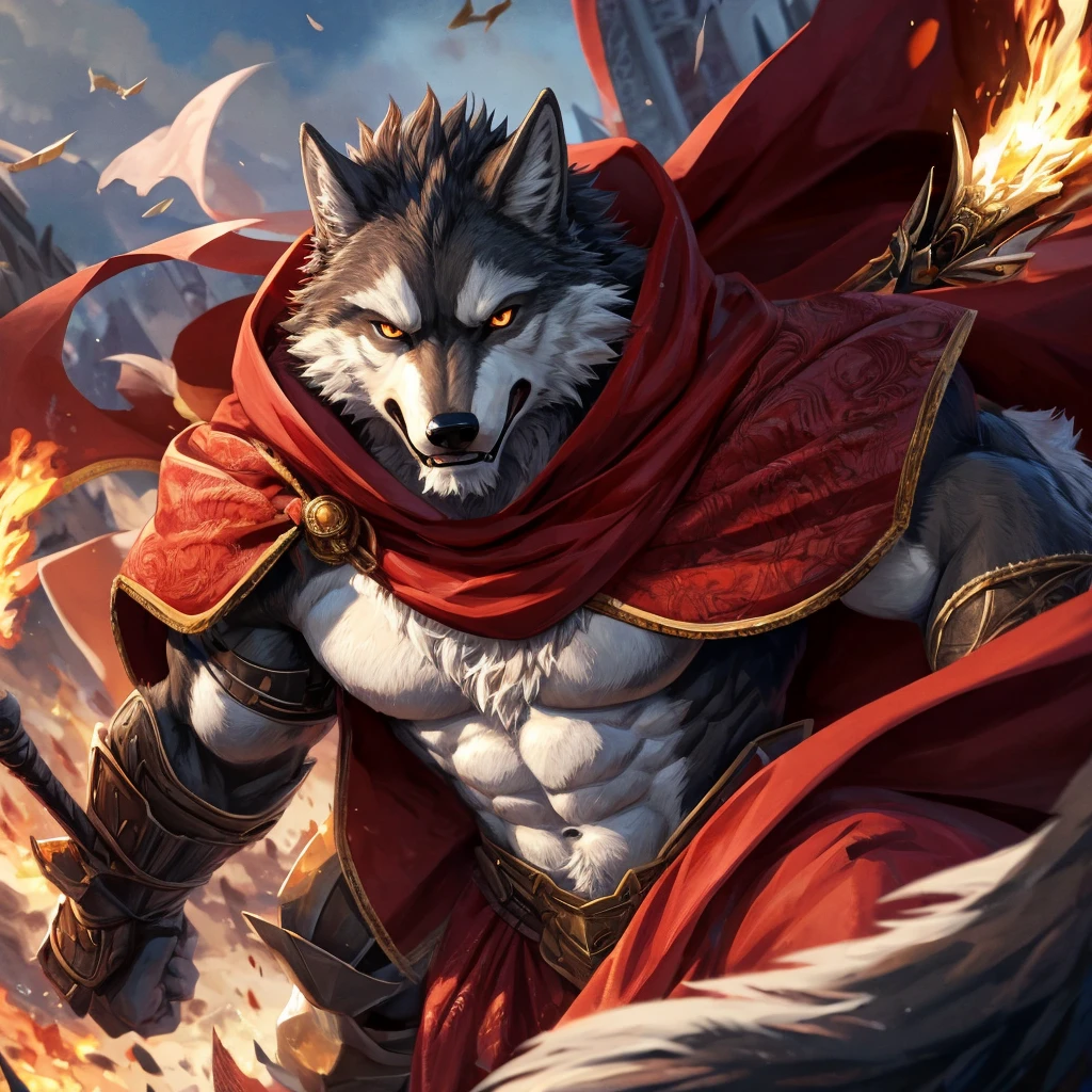 Anthro((dramatic))epic, dynamic pose, One scene of movie, An extreme perspective with a powerful composition, depth of field, motion blur, absurdres, looking at viewer, Perfect Anatomy, magnificent picture of kemono fighting fierce battles, weapon, (best quality), (masterpiece), (ultra detailed), sharp focus, niji, eyesgod, black eye, furry, light-white fur, brown fur, black beard, upper body, anthro (wolf), male, (wolf), middle-aged, gray body, white belly, tail, muscular, knight costume, long red cherry cloak, ultra detailed face, close up with fierce face, bluge