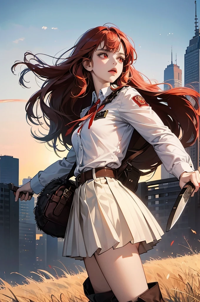 (masterpiece, best quality:1.3), (lineart:1.4), cowboy shot, holding weapon, machete, jumping, slashing, 1girl, very long hair, red hair, crossed bangs, red eyes, angry, uniform, brown shirt, pleated skirt, black skirt, thigh boots, brown footwear, indonesian flag, badge, scenery, cityscape, city, jakarta, monas, (light leaks:1.3),perspective pose, wide angle shot