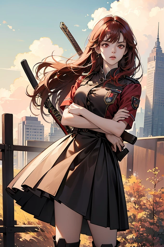 (masterpiece, best quality:1.3), (lineart:1.4), cowboy shot, holding weapon, machete, jumping, slashing, 1girl, very long hair, red hair, crossed bangs, red eyes, angry, uniform, brown shirt, pleated skirt, black skirt, thigh boots, brown footwear, indonesian flag, badge, scenery, cityscape, city, jakarta, monas, (light leaks:1.3),perspective pose, wide angle shot