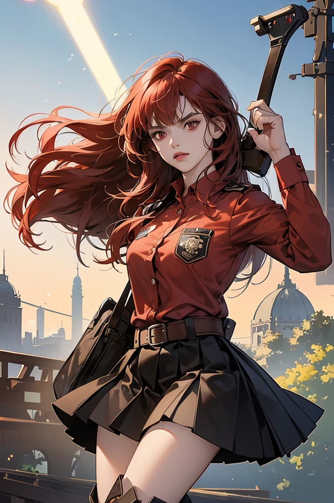 (masterpiece, best quality:1.3), (lineart:1.4), cowboy shot, holding weapon, machete, jumping, slashing, 1girl, very long hair, red hair, crossed bangs, red eyes, angry, uniform, brown shirt, pleated skirt, black skirt, thigh boots, brown footwear, indonesian flag, badge, scenery, cityscape, city, jakarta, monas, (light leaks:1.3),perspective pose, wide angle shot