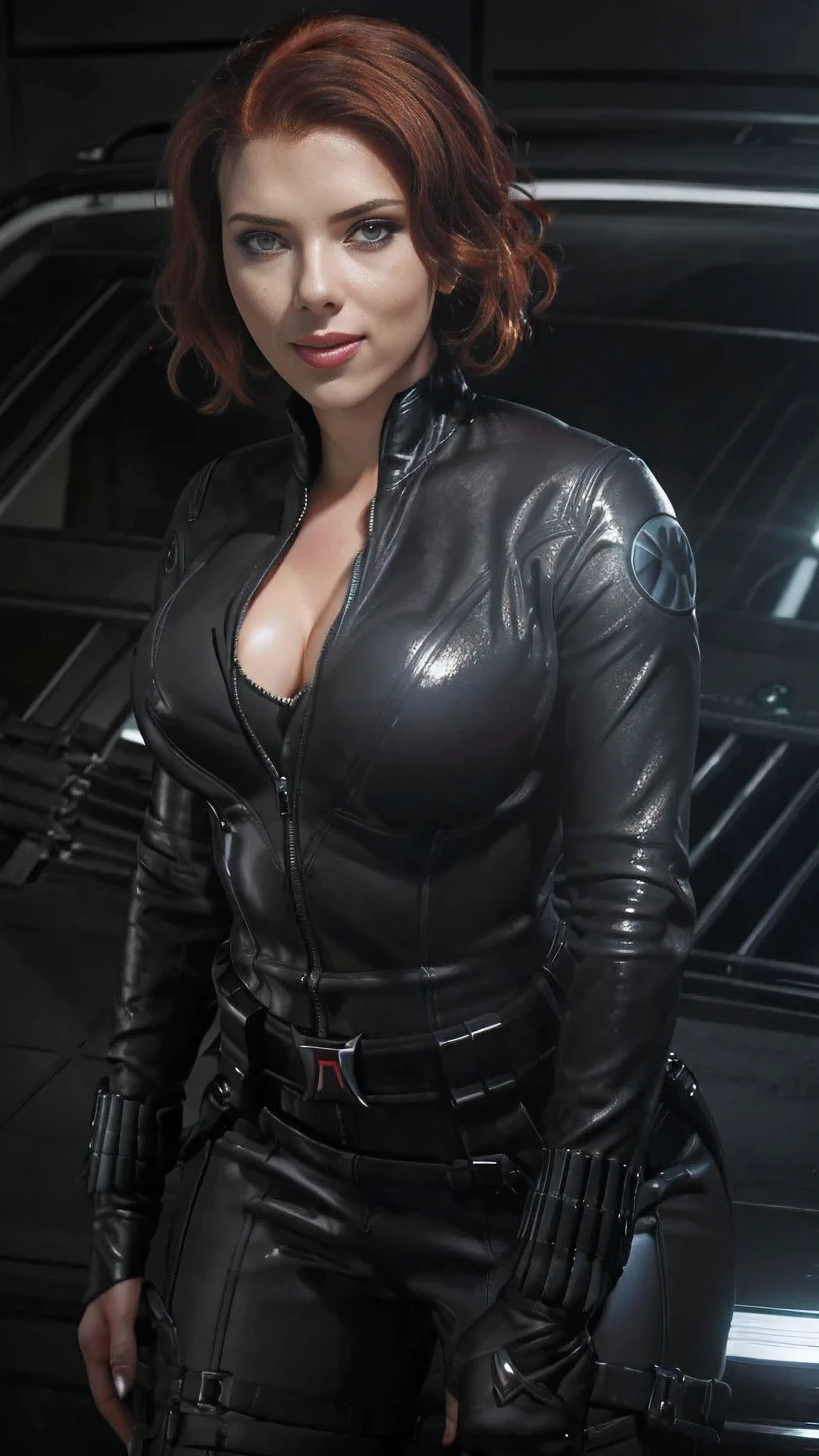 Scarlett Johansson black widow bob hairstyle, red hair color, big breasts kate upton, shiny makeup eyelashes, full-lipped smile, mascara on the eyes. In shiny black elastane.in a latex bra