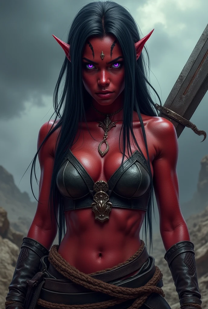 demon girl, barbarian, red skin, straight black hair, detailed facial features, intense expression, muscular body, leather armor, holding a large broadsword, fantasy landscape, dark clouds, dramatic lighting, cinematic composition, photorealistic, hyper detailed, masterpiece, Purple eyes, Full body