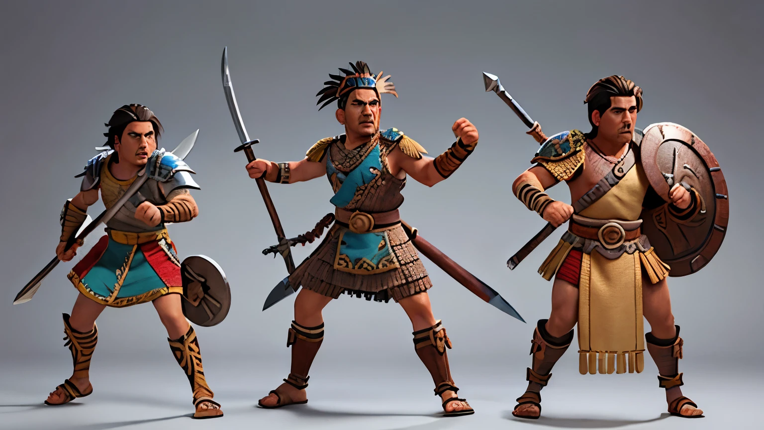 It depicts a group of Aztec warriors from the pre-Columbian age, displaying their traditional armor and weapons. The warriors should be muscular and robust, with expressions of determination and bravery. They wear crowns of exotic bird plumage. Their armor consists of leather breastplates, and they carry round wooden shields. They wield a variety of weapons made from crystals and minerals, including long spears, short swords, and curved daggers. Some carry double-edged obsidian battle axes or hammers. Their footwear is made of sandals or boots of sturdy leather. The scene should capture them in a dynamic pose, either preparing for battle or in the midst of combat. Include details such as tattoos or war paint on their arms and faces, and decorative elements such as animal motifs etched into their armor and weapons. The overall atmosphere should be intense and gritty, reflecting the fierce, warlike nature of the Aztecs.