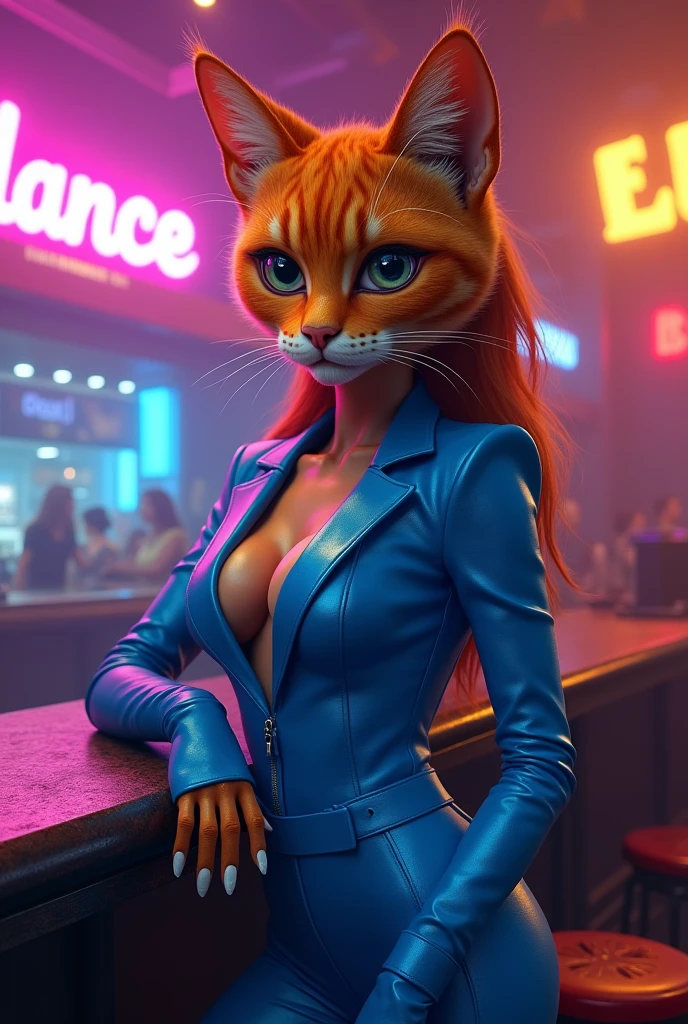 Realistic pop diva with orange cat head on dance club with blue clothes on a table bar.