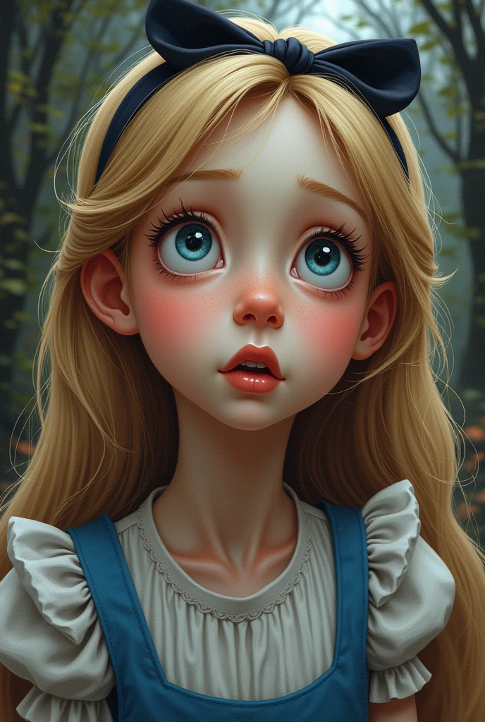 Draw a full-body portrait of Alice in Alice in Wonderland to capture a moment of deep contemplation. Her expression should be a mixture of curiosity and a hint of unease, as if she is deeply questioning reality and her place in it. Her large eyes should be wide open, reflecting the surreal world around her. A smiling Cheshire cat, a clock, inside the kingdom of Wonderland, etc. The lighting is soft yet dramatic, casting gentle shadows that emphasise the depth of her thoughts. Her hair could be slightly dishevelled, as if she has been on a long journey, and the iconic headband could be slightly slanted to add to the sense that she is pensive. The colour palette is a mix of soft pastels and dark, introspective tones to create a balance between innocence and the complexity of her thoughts.