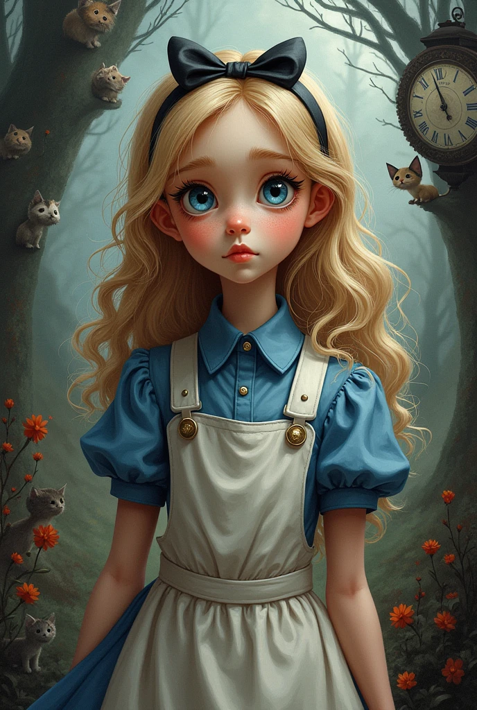 Draw a full-body portrait of Alice in Alice in Wonderland to capture a moment of deep contemplation. Her expression should be a mixture of curiosity and a hint of unease, as if she is deeply questioning reality and her place in it. Her large eyes should be wide open, reflecting the surreal world around her. A smiling Cheshire cat, a clock, inside the kingdom of Wonderland, etc. The lighting is soft yet dramatic, casting gentle shadows that emphasise the depth of her thoughts. Her hair could be slightly dishevelled, as if she has been on a long journey, and the iconic headband could be slightly slanted to add to the sense that she is pensive. The colour palette is a mix of soft pastels and dark, introspective tones to create a balance between innocence and the complexity of her thoughts.