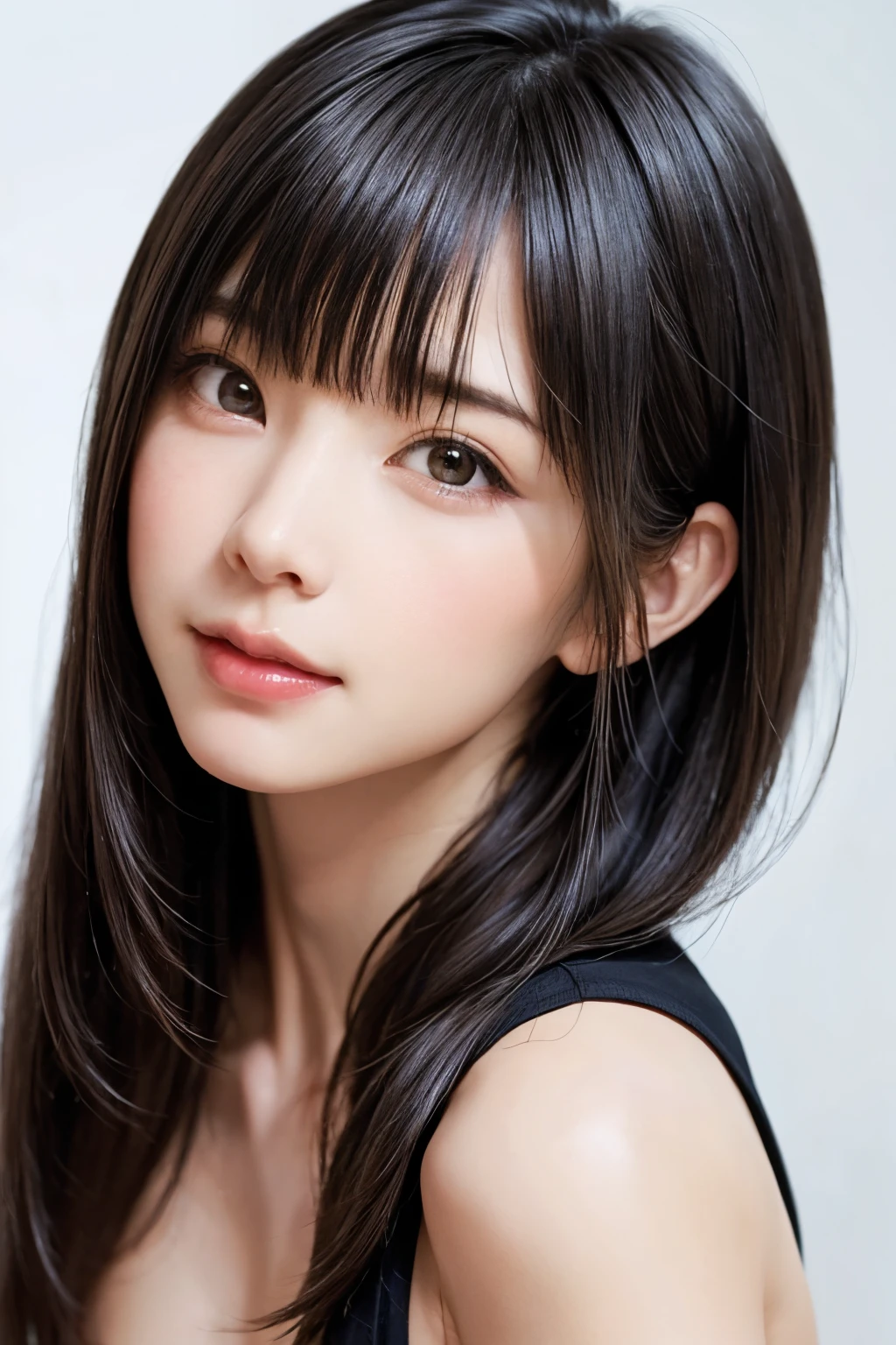 ((masterpiece, Highest quality, High resolution、Realisticですべてが美しく詳細に描かれている)), 1 girl, (Realistic: 1.4), alone, White Background, snow-White Background, Mouth closed, smile, smile, Beautiful black hair, short hair, Big eyes, Transparent double eyelids, eyelash, Listen carefully, Long neck, 美しくLong neck, Absolute area, ((Face close-up)), (Draw the whole head, shoulder), 19 years old, Attractive proportions, Glowing Skin, Beautiful clavicle, Golden ratio face, Perfect Face, Teardrop-shaped mole, chestのほくろ, bangs, clean bangs, beautiful bangs, Lip gloss, Thin lips, Fair skin, naked, Big Breasts, {Huge|big|Hugeな|Mega} chest:2, chestの谷間:2,chestの谷間を見せる、Small face, Small face, All the heads are painted, shoulder all drawn, Point slightly above the camera